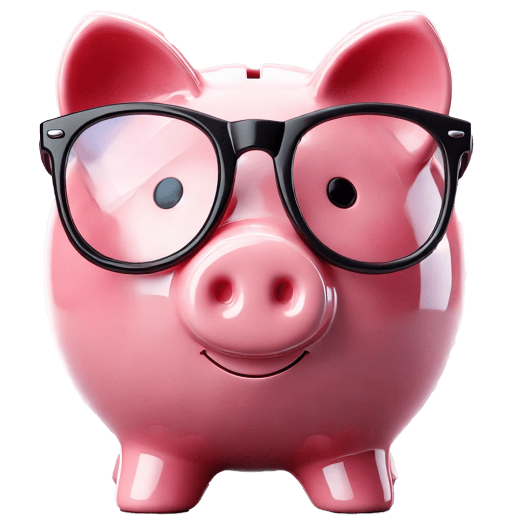 Piggy bank mascot wearing glasses