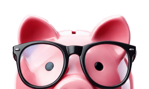 Piggy bank mascot wearing glasses